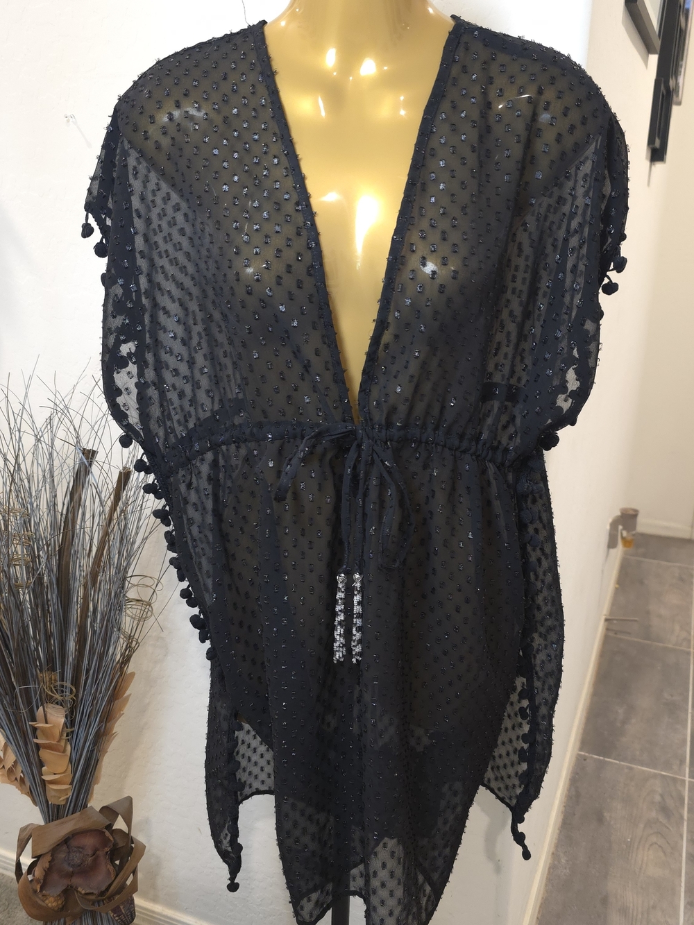 blue island Black Sheer Beaded Swim Cover-Up Tunic with Tassel Drawstring